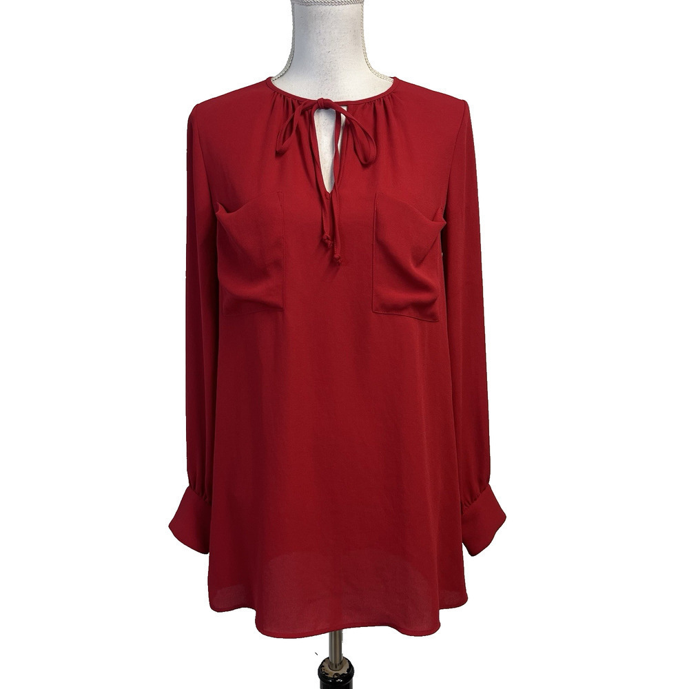 BCBG Max Azria Red Peasant Boho Blouse Top Tunic XS Womens Holiday Christmas